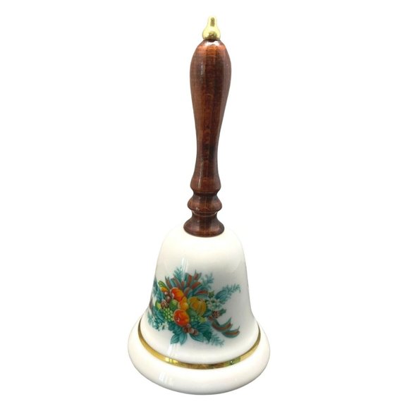 Avon Dinner Bell Christmas Feast 1985 Porcelain Wood Handle Gold Trim 6.5" Tall - Picture 1 of 7